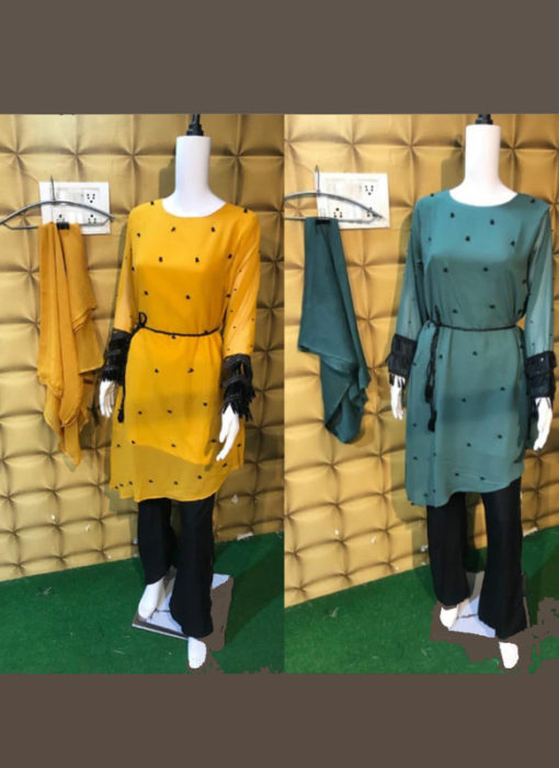 Pretty Yellow Georgette Pearl Work Designer Kurti With Fancy Pant