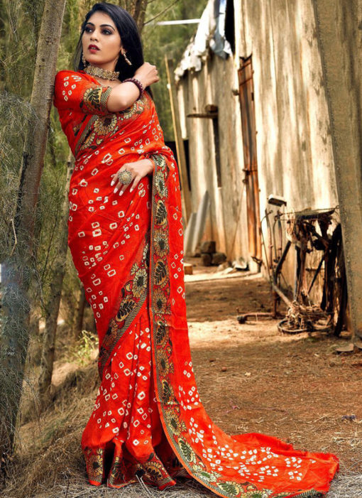 Amazing Red Art Silk Bandhani Print Traditional Saree
