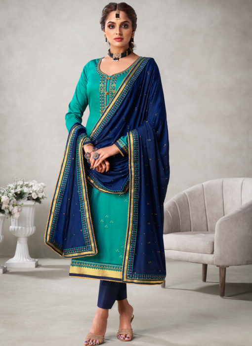 Elegant Sea Blue Embroidered Work Silk Designer Churidar Suit