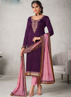 Beautiful Purple Embroidered Work Designer Silk Churidar Suit