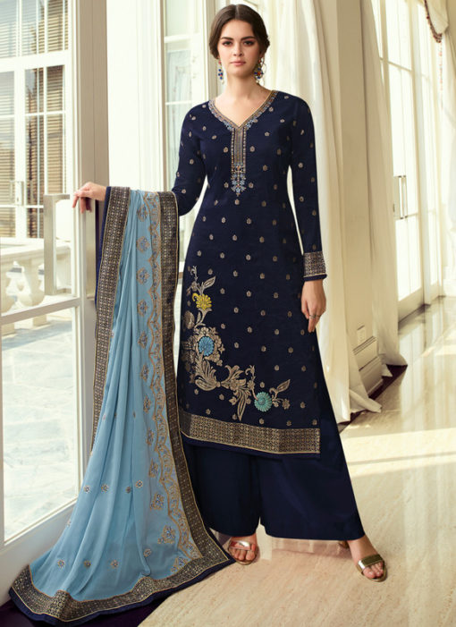 Party Wear Blue Zari Work Viscose Designer Salwar Suit