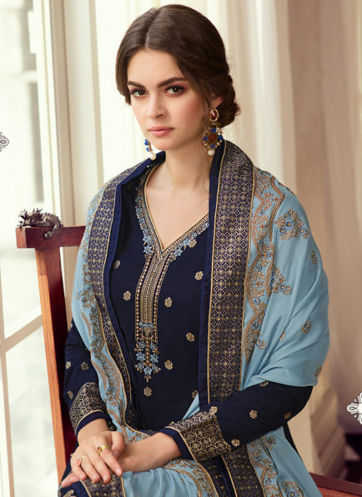 Party Wear Blue Zari Work Viscose Designer Salwar Suit