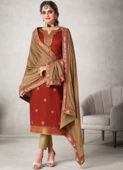 Lovely Rust Embroidered Work Party Wear Silk Churidar Suit