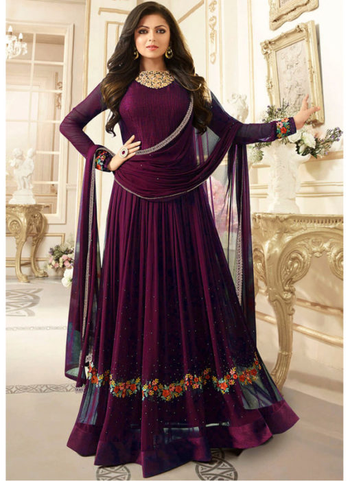 Fantastic Purple Georgette Stone Work Party Wear Designer Anarkali Suit
