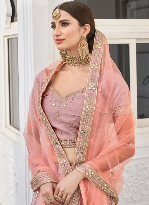 Attractive Rose Pink Silk Designer Mirror Work Wedding Wear Lehenga Choli