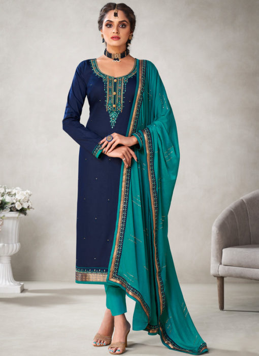 Attractive Embroidered Work Blue Designer Silk Churidar Suit
