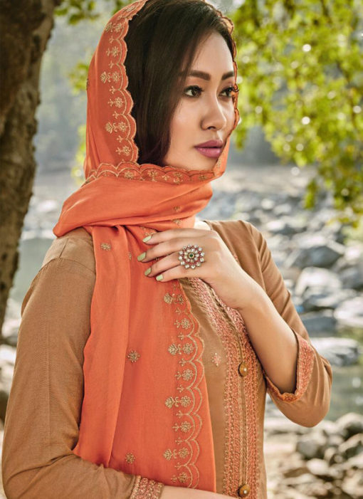 Lovely Brown Silk Chanderi Embroidered Work Designer Salwar Suit