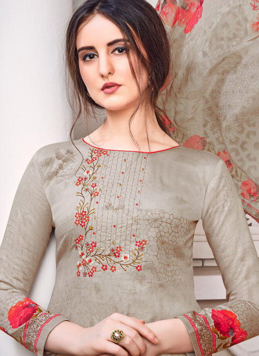 Grey Jam Satin Embroidered And Printed Party Wear Salwar Suit