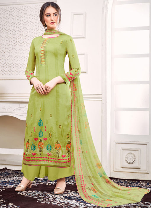Green Jam Satin Embroidered And Printed Party Wear Salwar Suit