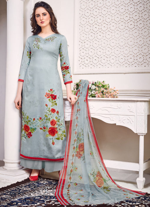 Grey Jam Satin Printed And Embroidered Party Wear Salwar Suit