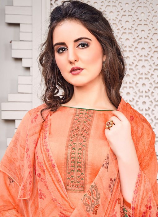 Peach Jam Satin Embroidered And Printed Party Wear Salwar Suit
