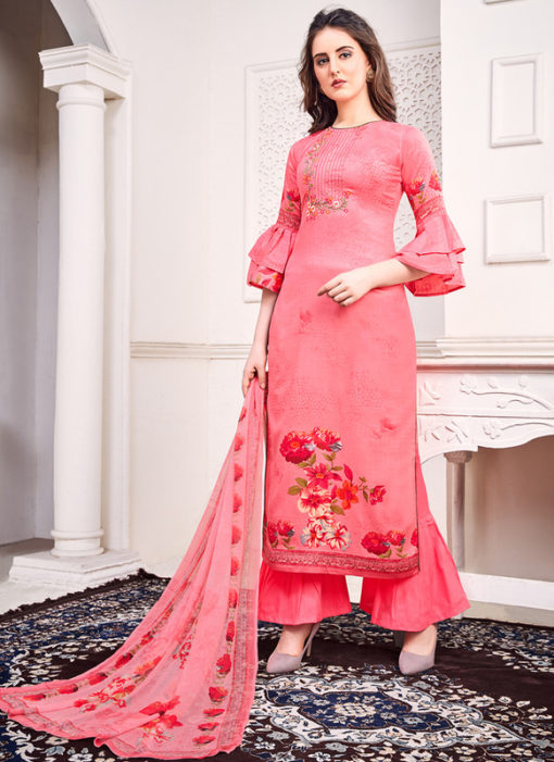 Pink Jam Satin Embroidered And Printed Party Wear Salwar Suit