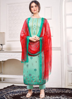 Sea Blue Satin Embroidered And Printed Party Wear Salwar Suit