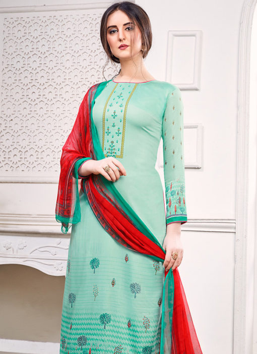 Sea Blue Satin Embroidered And Printed Party Wear Salwar Suit