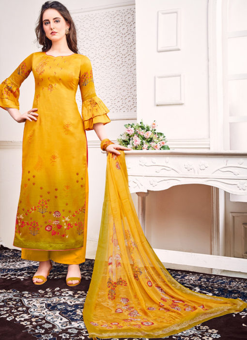 Yellow Jam Satin Embroidered And Printed Party Wear Salwar Suit