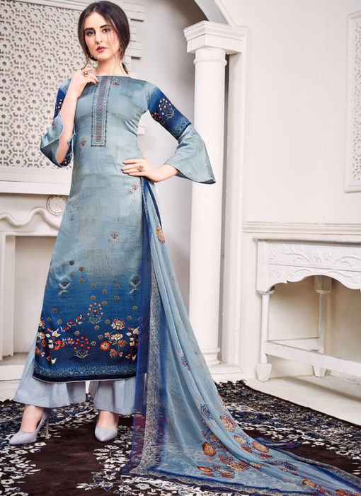 Blue Jam Satin Embroidered And Printed Party Wear Salwar Suit