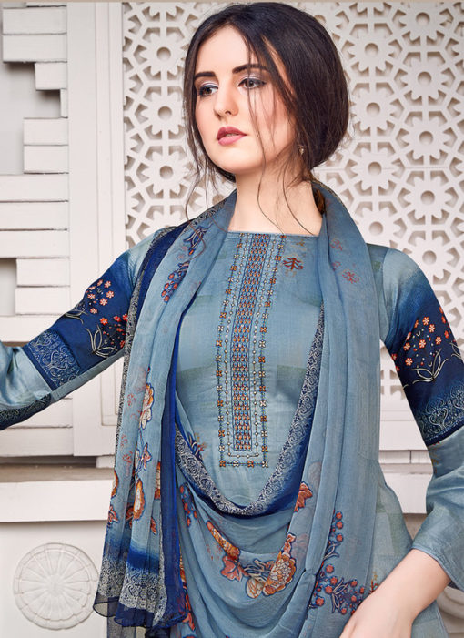 Blue Jam Satin Embroidered And Printed Party Wear Salwar Suit
