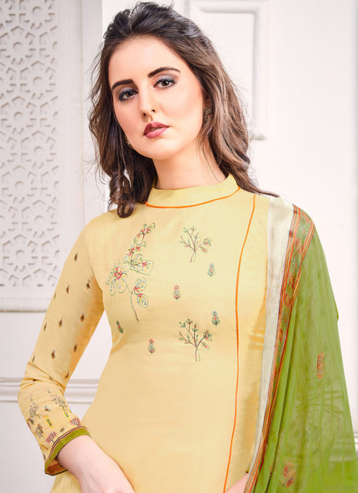 Cream Jam Satin Embroidered And Printed Party Wear Salwar Suit