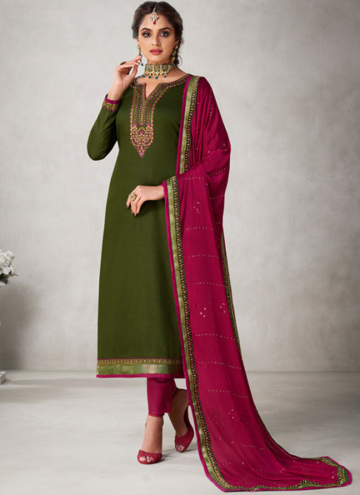 Excellent Silk Green Embroidered Work Designer Silk Churidar Suit