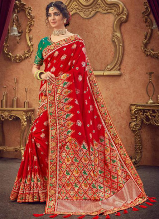 Miraamall Red Silk Zari Work And Patch Border Traditional Saree