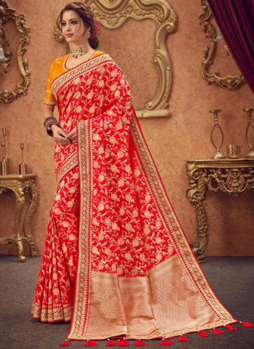Miraamall Red Zari Work Silk Traditional Wear Saree