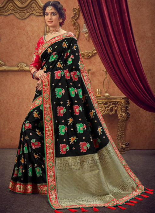 Miraamall Traditional Wear Black Silk Zari Work Saree