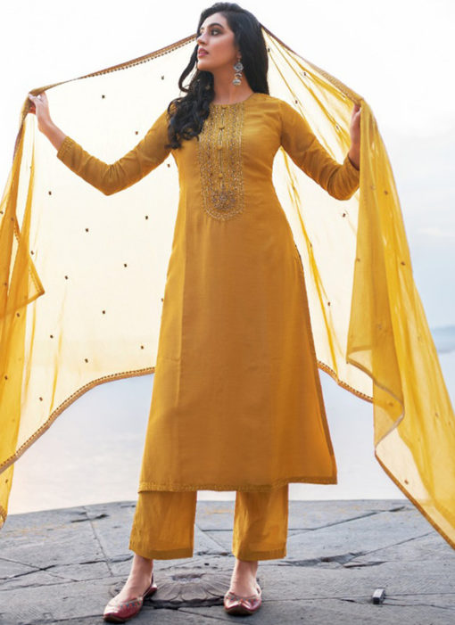 Mustard Cotton Silk Handwork Party Wear Designer Salwar Suit