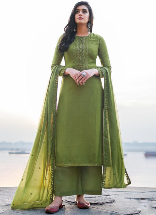 Green Cotton Silk Handwork Party Wear Designer Salwar Suit