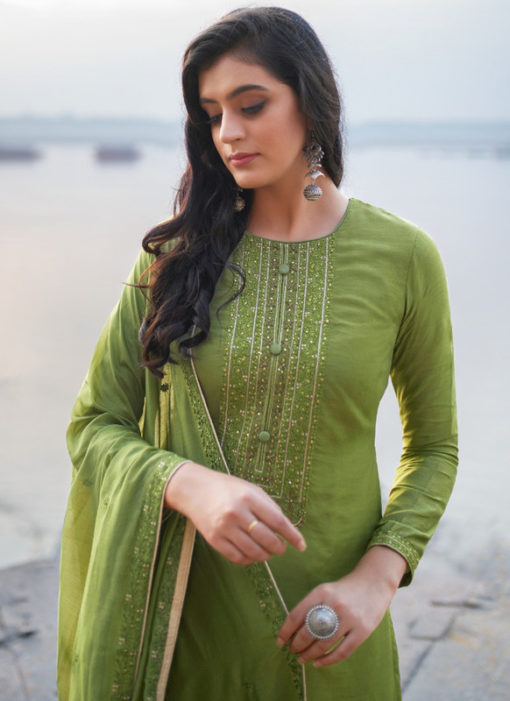Green Cotton Silk Handwork Party Wear Designer Salwar Suit