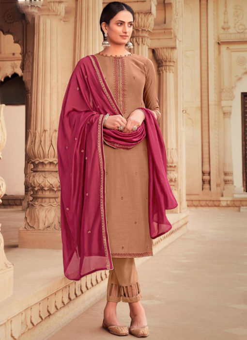 Party Wear Brown Viscose Embroidered Work Designer Salwar Suit