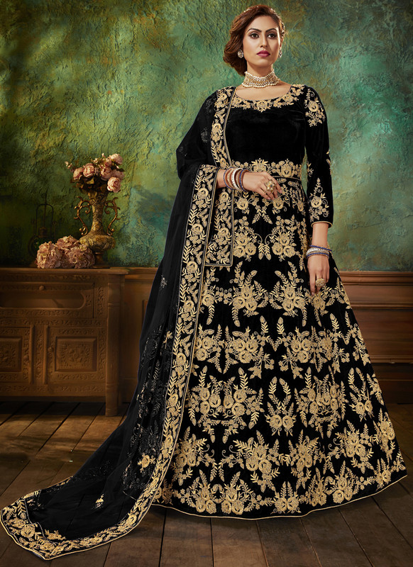 Black Embroidered Velvet Bridal Lehenga Choli