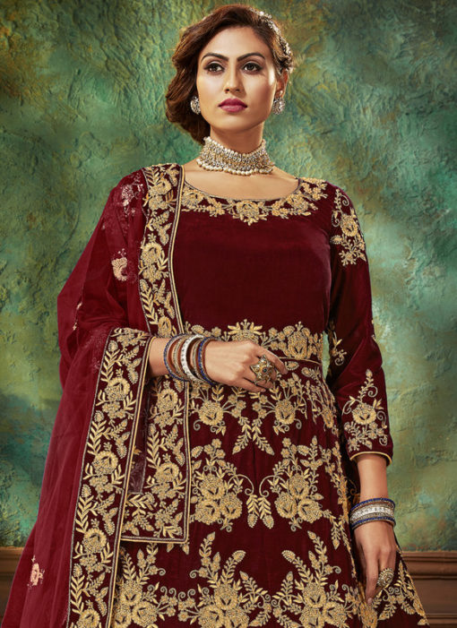 Velvet Embroidered Work Wedding Wear Maroon Anarkali Suit
