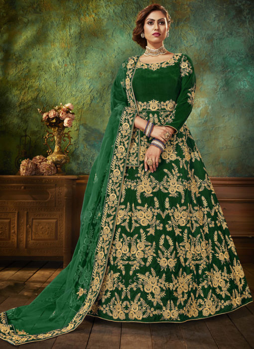 Wedding Wear Velvet Embroidered Work Green Anarkali Suit