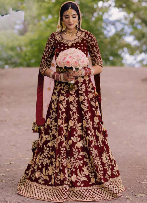 Maroon Velvet Wedding Wear Embroidered Work Designer Lehenga Choli