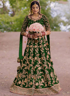 Green Velvet Embroidered Work Designer Wedding Wear Lehenga Choli