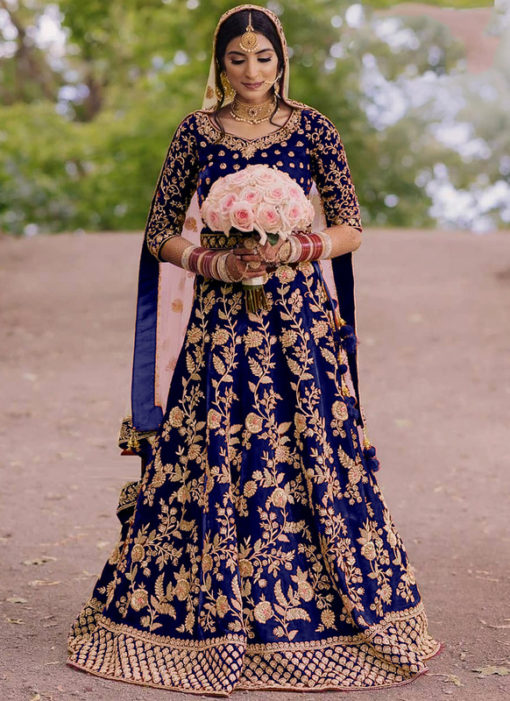Velvet Blue Embroidered Work Designer Wedding Wear Lehenga Choli