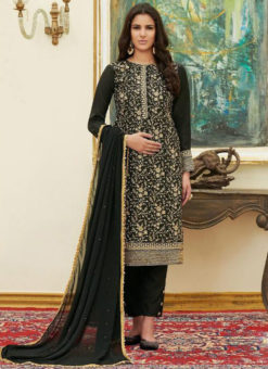Superb Black Satin Embroidered Work Party Wear Salwar Suit