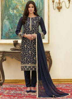 Dazzling Navy Blue Satin Embroidered Work Party Wear Salwar Suit