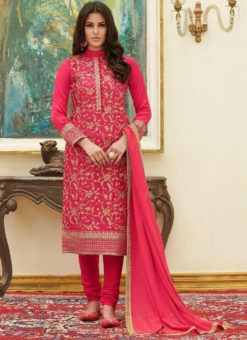 Shining Pink Satin Embroidered Work Party Wear Salwar Suit