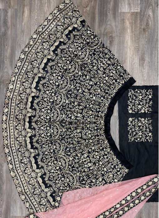 Graceful Black Banglory Satin Embroidered Work Bridal Lehenga Choli