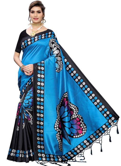Blue Silk Printed Fancy Jhalar Designer Saree