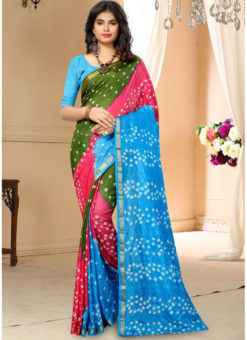 Green And Sky Blue Silk Handmade Bandhej Work Traditional Saree