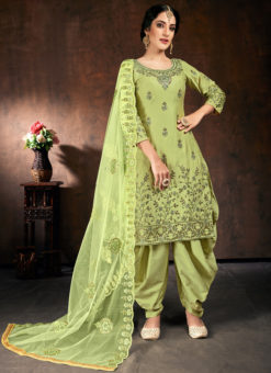 Elegant Green Jam Cotton Embroidered Work Designer Patiyala Suit