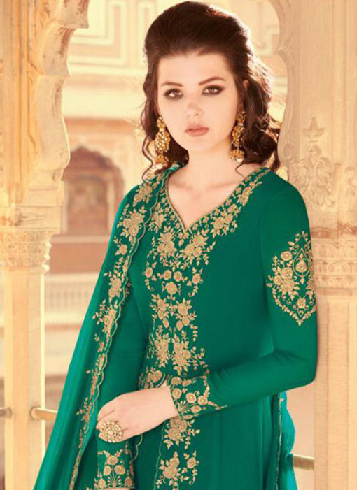 Green Embroidered Work Faux Georgette Designer Salwar Suit