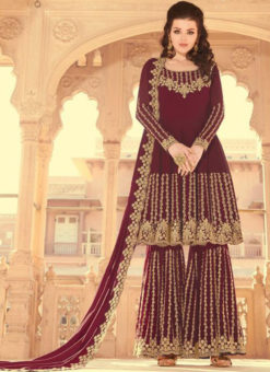 Party Wear Embroidered Work Faux Georgette Maroon Salwar Suit