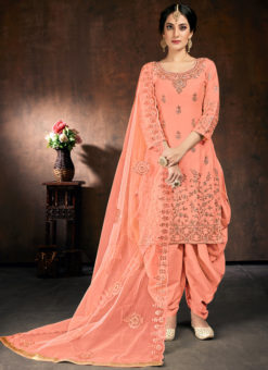 Attractive Peach Jam Cotton Embroidered Work Designer Patiyala Suit