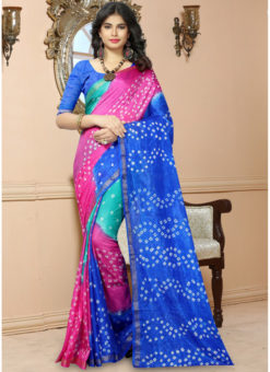 Pink And Sky Blue Silk Handmade Bandhej Work Traditional Saree