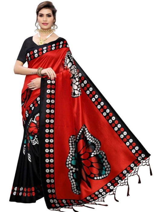 Red Silk Printed Fancy Jhalar Designer Saree