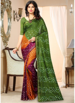 Green And Maroon Silk Handmade Bandhej Work Traditional Saree