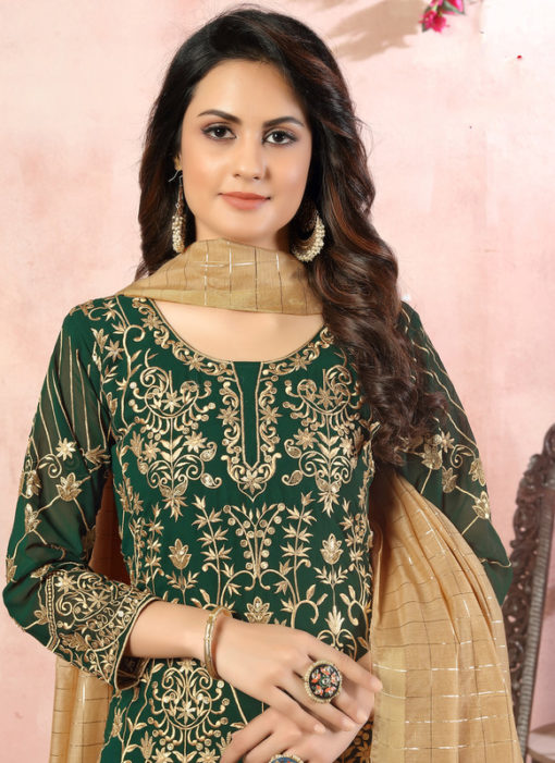 Green Faux Georgette Embroidered Work Wedding Wear Salwar Suit